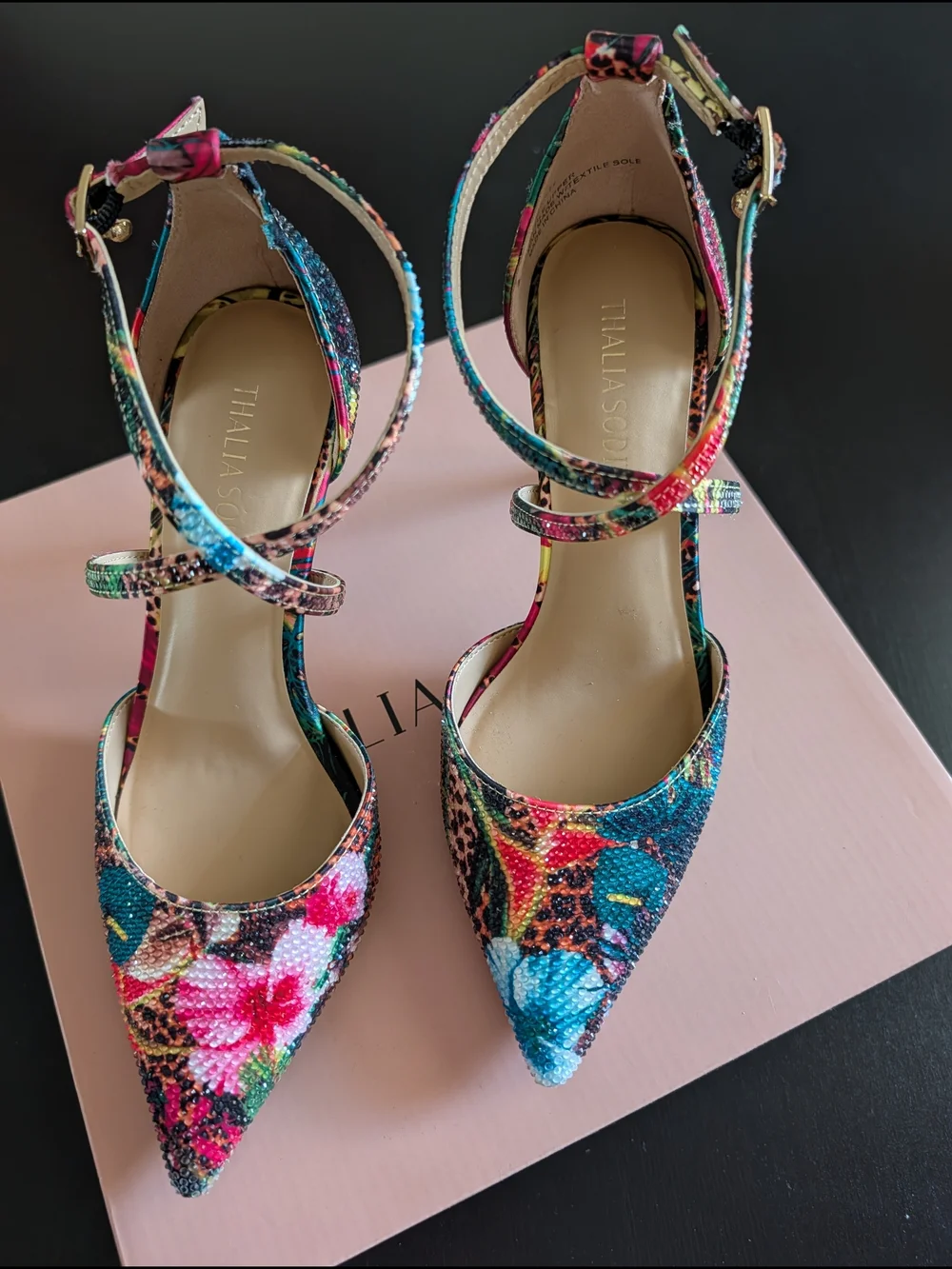 Thalia Sodi Colorful Floral Cross-Strap Emblished Heels SZ  6 NEW IN BOX